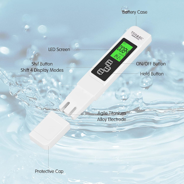 TDS-måler for drikkevann, 3-i-1 digital vannkvalitetstester, EC-måler for drikkevann, basseng, akvarium, fiskedam, basseng