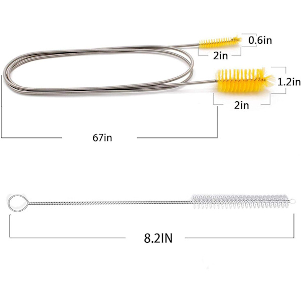 Fleksibel afløbsbørste, nylonrenser dobbeltsidet elastisk slange 67 tommer og 2 stk. 8,2 tommer sugerørsrensningsbørste