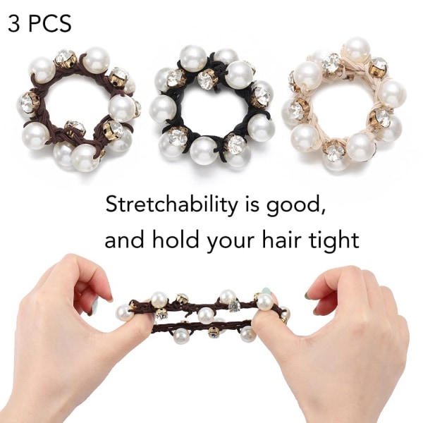 Pearl hårslipsar Svart elastiska hår Scrunchies Brun Pearl hårband Kristallhår rep Håraccessoarer för kvinnor och flickor (paket med 3)