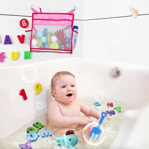 Baby Badeleke Organizer, Badeleke Oppbevaringspose for Badekar Mesh Oppbevaringsnett Dusjtilbehør Badelekeveske for Oppbevaring av Leker, Blå