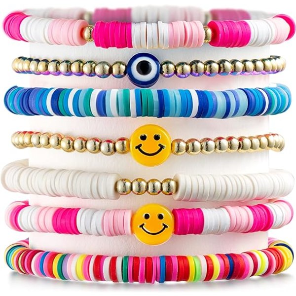 7 st Preppy stapelbara armband Färgglada glada leende onda ögon stretch armband Y2K handgjorda charms