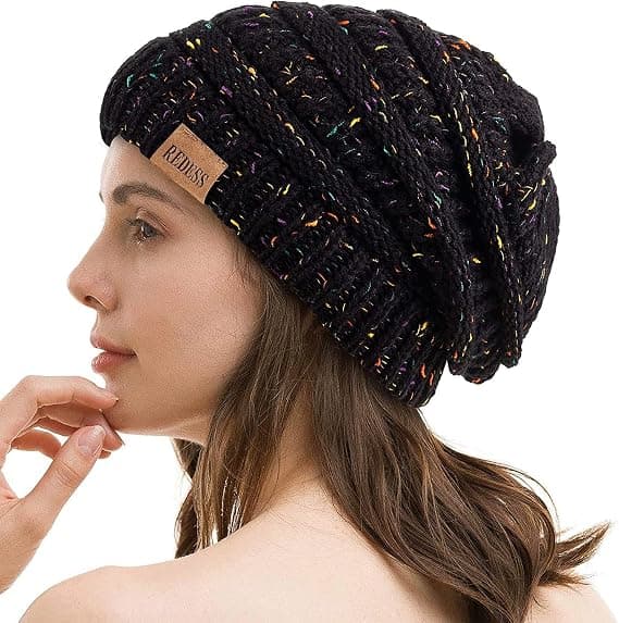 Slouchy Beanie Hue til kvinder Vinter Varm Chunky Blød Oversized Kabelstrikket Hue (Konfetti Sort)