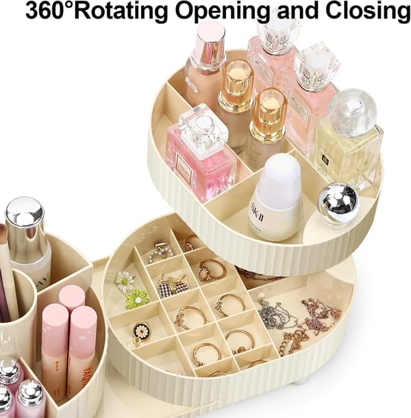 Makeup Organizer, 360° Roterende Makeup Organizer med 3-lags Rum, Perfekt til Kommode, Badeværelse, Soveværelse (Hvid, To lag)