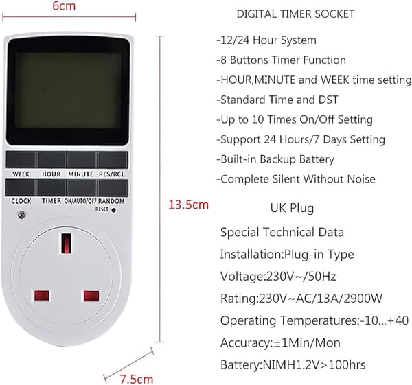 Digital Timer Switch, Programmerbar Timer UK Stickkontakt med LCD-Display Säkerhetsverktyg, för Hem och Inomhus - 1 st