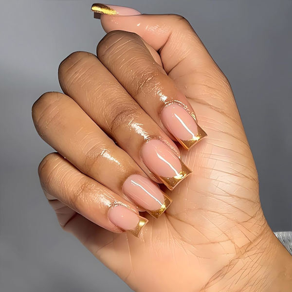 Guld franska tippress på naglar, fyrkantiga falska nagelspetsar full täcklim för fingermanikyr