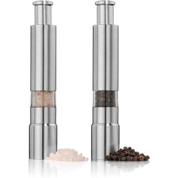 Salt och pepparkvarn set om 2, rostfritt stål tryckknappskvarn modern design tumkvarn