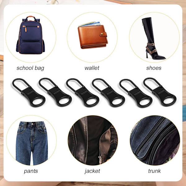 6 stk glidelås trekk erstatning, avtakbar glidelås trekk faner metall glidelås trekk snor forlenger for jakker jeans lommebøker  ryggsekker (svart)
