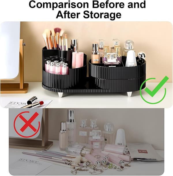 Makeup Organizer, 360° Roterende Makeup Organizer med 3-lags Rum, Perfekt til Kommode, Badeværelse, Soveværelse (Sort, To lag)