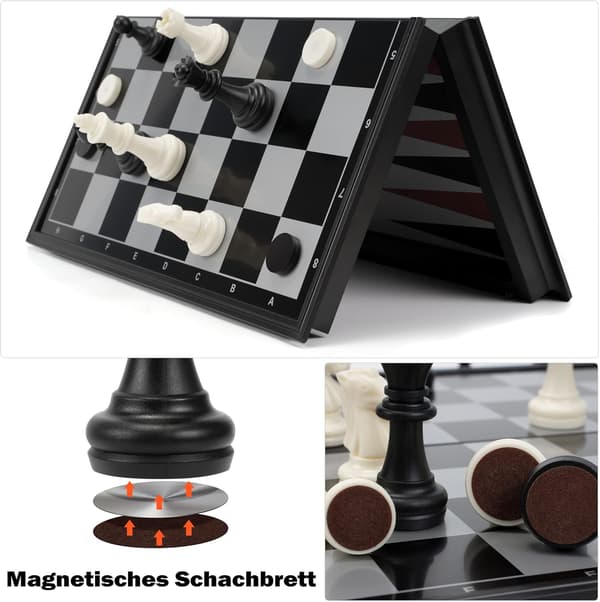 Schackset Backgammon och Dam 3 i 1, Portabelt och Vikbart Schackbräde, Magnetiskt Schack, Reseschackbräde Damspel