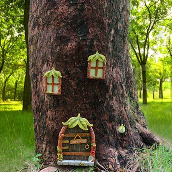 Miniatyr Fé Trädgårdstomte Hus Fönster Dörr Trädgård Harts Självlysande Dörrar och Fönster Trädgårdsdekoration Skulpturer Lysande i Mörkret (Lövdesign)