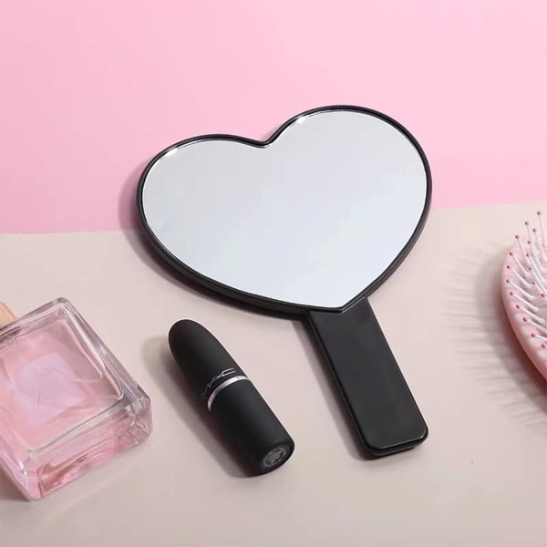 Hjärtformad resehandhållen spegel, kosmetisk handspegel med handtag (svart, 1 pack)