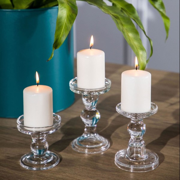 Glass Lysestake Sett med 3, Klare Krystall Lysestaker for Pillar Taper Lys og Telys, for Hjem Middagsbord Fest Hjemmeinnredning