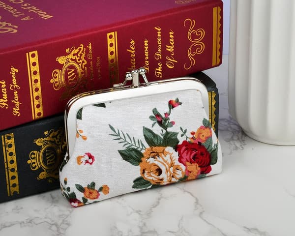 Myntväskor Blommig Kiss-lock Myntväska Canvas Spänne Plånbok för Kvinnor - Vit