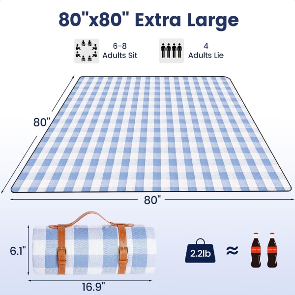 Piknikteppe Ekstra Stort, Vanntett og Sammenleggbart Strandteppe, for Camping, Park, Strand, Gress, Innendørs White & Blue Grids