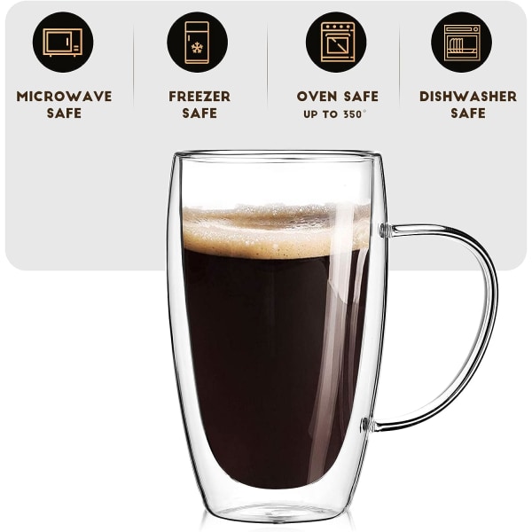 2-pak 15 oz espressokopper med håndtag, espressoshotsglas, klare espressokaffe kopper, dobbeltvægget isoleret