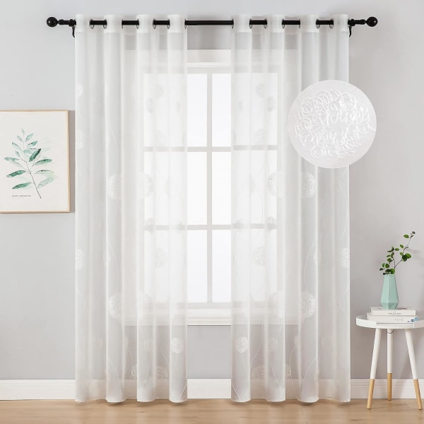 Gardiner Gennemsigtig Voile Blomsterbroderi Øjet Gardiner Transparent Gardin 2 Stk Øjet Gardin Gardinpar Vinduesgardin Til Stue Soveværelse White 140*245cm