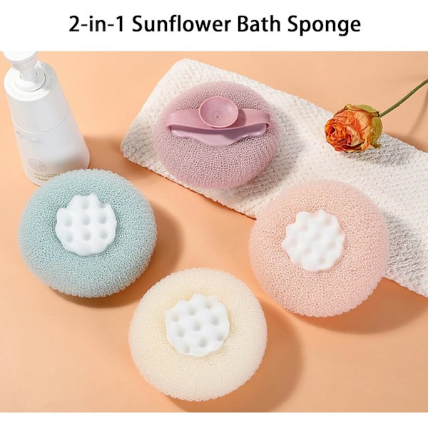 TAPT 2-i-1 Solrosbadbollar, 4-pack Exfolierande Duschsvampar med Sugkopp, Exfolierande, 4 Färger
