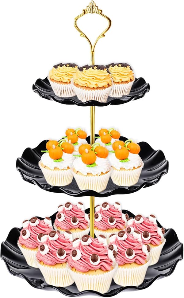 3-lags Cupcake Stativ Holder, Plastik Cupcake Stativ Håndklæde med Tiered Serveringsbakke til Cupcakes, 2 stk, Hvid og Sort
