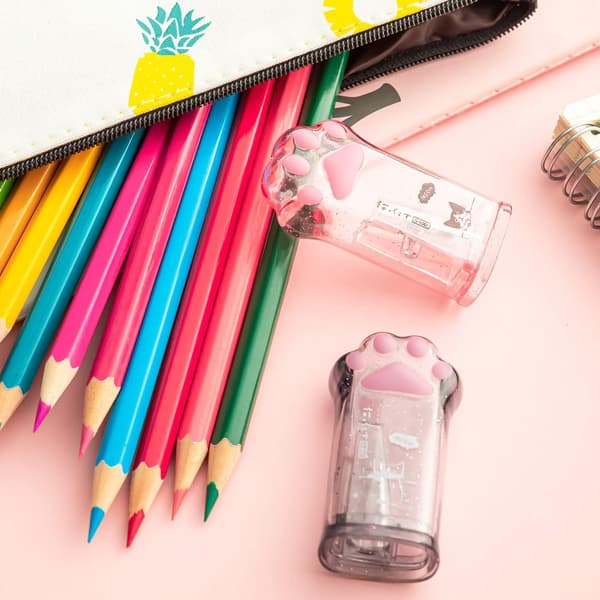 6 stk. Søde Kattepote Blyantspidsere, Kawaii Manuelle Blyantspidsere, Pink og Grå Spidsere med Låg (pink+grå)