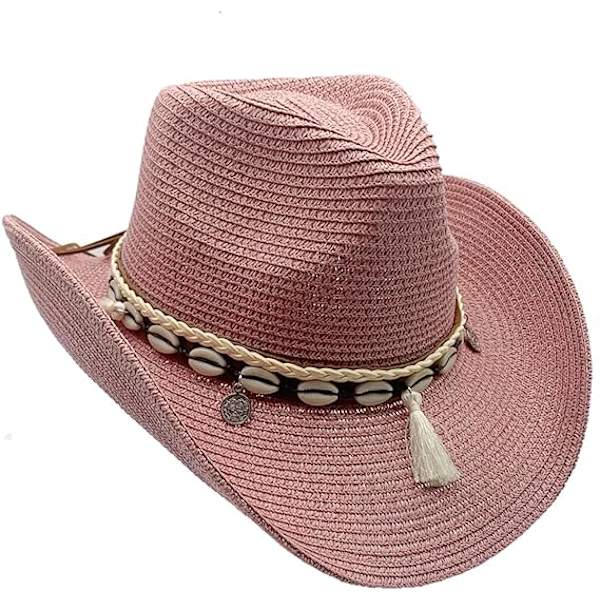 Västerländsk halmcowboyhatt för kvinnor, solhatt för stranden, bredbrättad hatt för män, cowboyhatt, sommar Panamahatt, rosa
