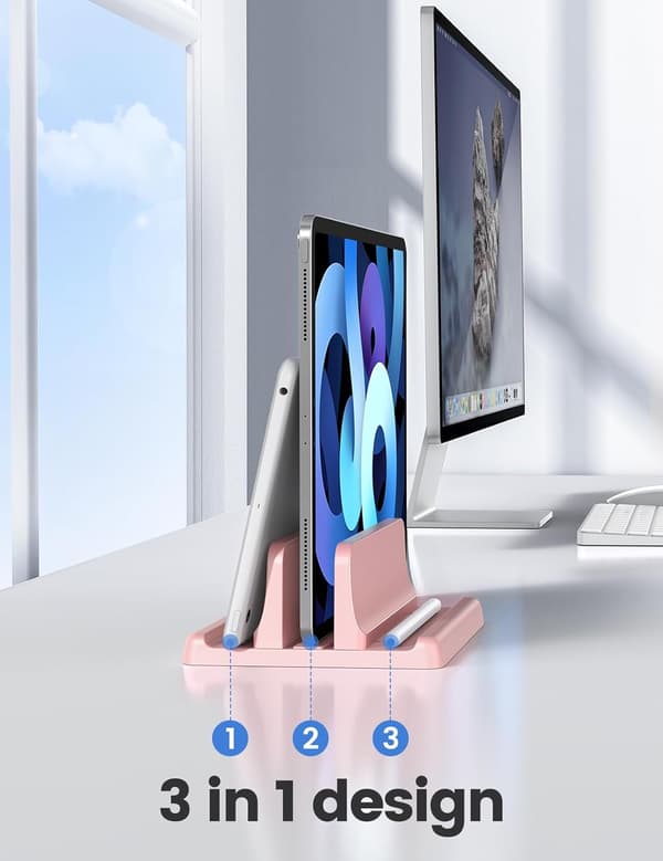 1 stk. Vertikal Laptop Stand Holder Plast Justerbar Desktop Notebook Dock Pladsbesparende 3 i 1 (Pink)
