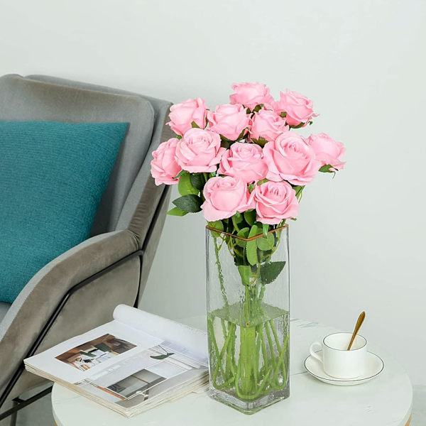12 stk. kunstige silkeblomster realistiske roser buket lang stilk til hjem bryllup dekoration fest (12 stk.-Pink)