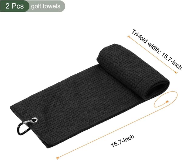 2 stk. Tri-Fold golfhåndklæder, golfkølle vaffelmønster håndklæder, med D-clips til golfboldelskere (sort, 16x16 tommer)