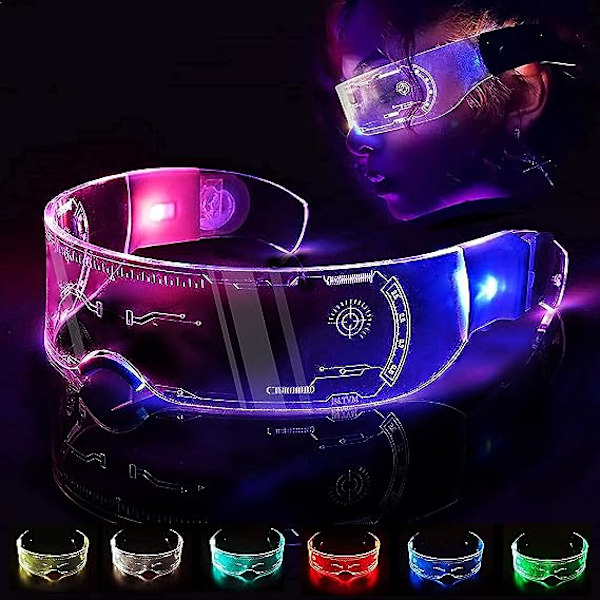 Unika 7-färgade Cyberpunk LED Visor Glasögon Luminous Glasögon Festival Coola Saker Neon Roliga Glasögon Light Up Trippy Glasögon