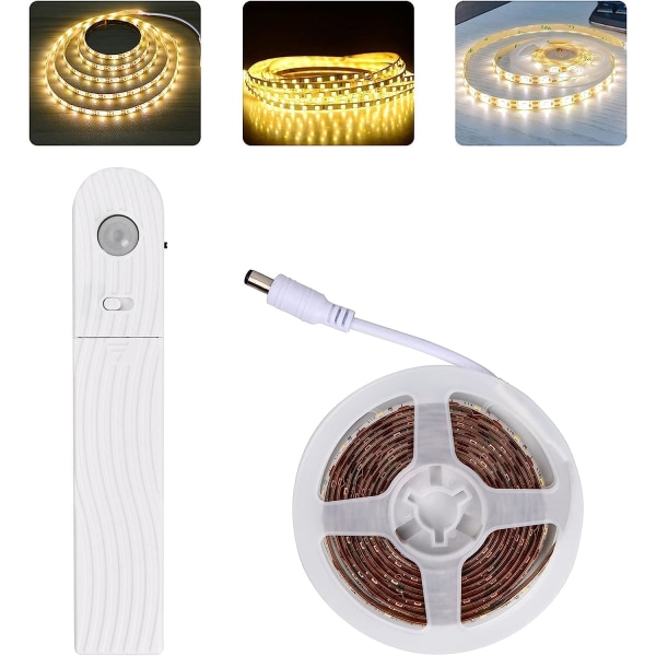 Rörelsesensor LED-ljusremsa självhäftande, 2 M batteri LED-ljusremsa med strömbrytare, 120 lysdioder dimbar ljusremsa (varmvit)