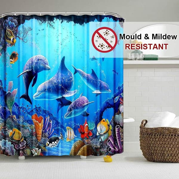 3D Digital Målning Mönster Duschdraperi Tunga Polyester Tyg Vattentät Duschdraperi Foder (180x180cm, Havsdelfin)