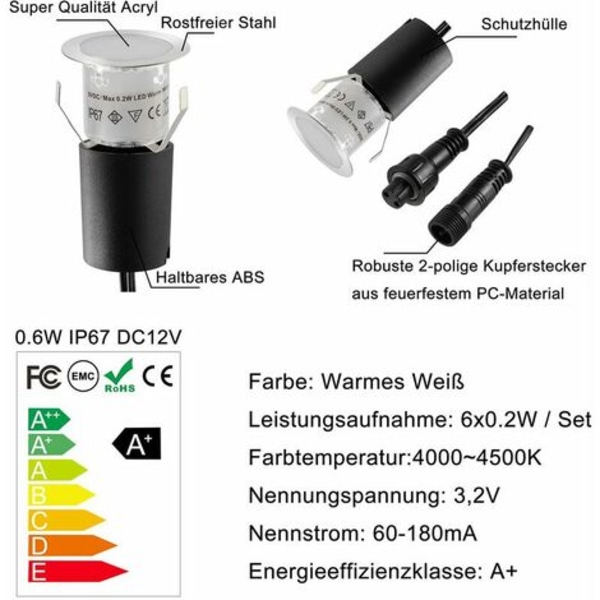 Sett med 6 Mini LED-spotlight Solar LED-innfelt bakkelys, 3W utendørs innfelt gulvlys, utendørs bakkelys, rustfritt