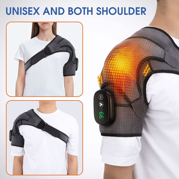 Uppvärmt axelmassagestöd med vibration, uppvärmd elektrisk axelremsmassage, trådlös vibrerande axelkudde för män och kvinnor