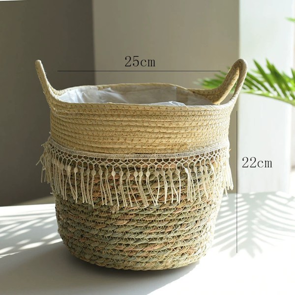 Stor Indendørs Plante Kurv, 2 Blomsterkurve, Boho Plantepotte med Håndtag, Opbevaringskurv, 20cm og 25cm i Diameter