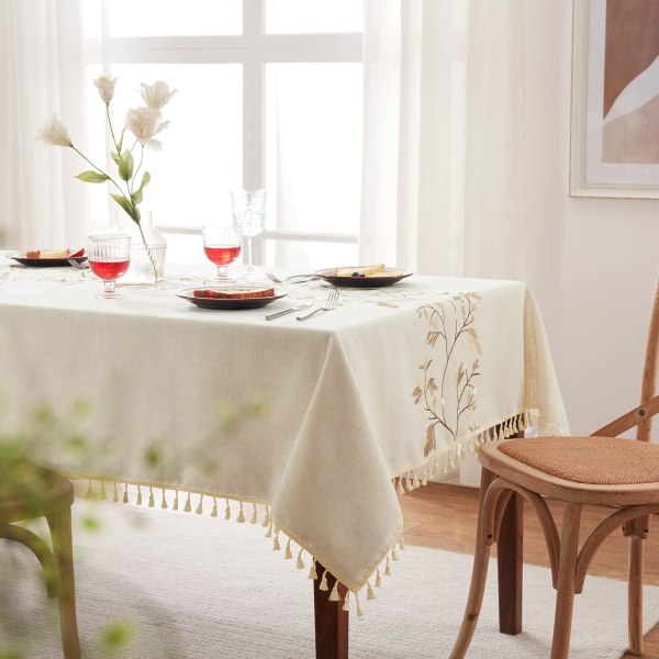 Bomuldslinneddug til spisestue, brun bladformet dug med beige kvaster