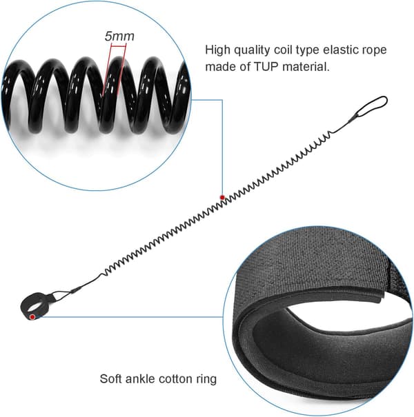 SUP Surf Leash, Ankel Leash for Kajakk Standup Paddle Board og Surfebrett, Bodyboards, Surfefotstropp (svart)
