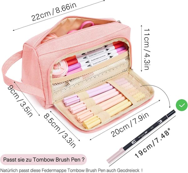 Etui, etui med stor kapacitet 2 rum blyanttasker unisex blyanttaske Pink
