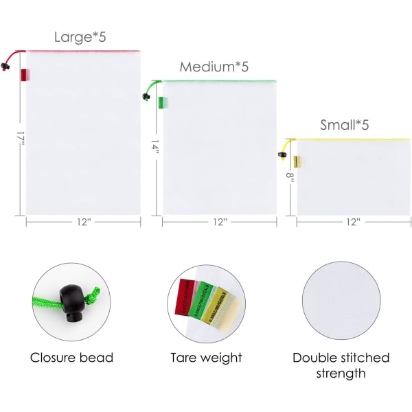 Set med 15 återanvändbara nätpåsar för frukt och grönt - miljövänliga - tvättbara och genomskinliga - med färgglada viktetiketter - 3 storlekar