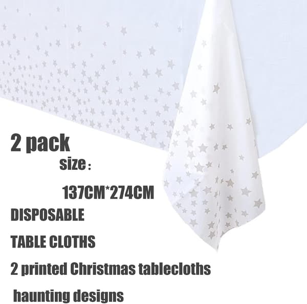 2 stk 137*274cm Hvite og Sølv Plast Engangs Duker, Sølvstjerne Rektangulær Vanntett Borddekke for Piknik, Jul