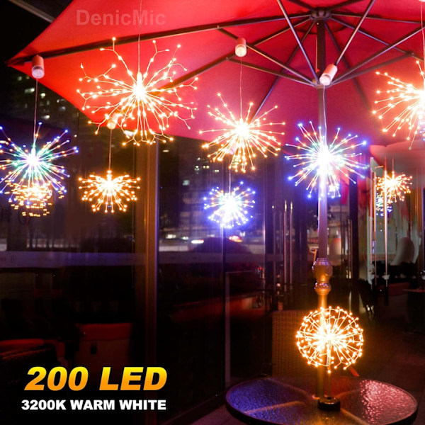 Fyrverkeri lys 200 LED kobbertråd Starburst lys, 8 moduser batteridrevet fe stjernesfære lys med fjernkontroll 2 stk