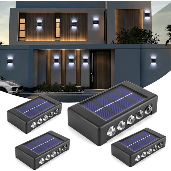 4-pack solcellslampor för utomhusbruk, 10 LED solcellslampor för staket, solcellslampor för utomhusbruk, vattentäta upp- och nedåtriktade lampor, kallvitt