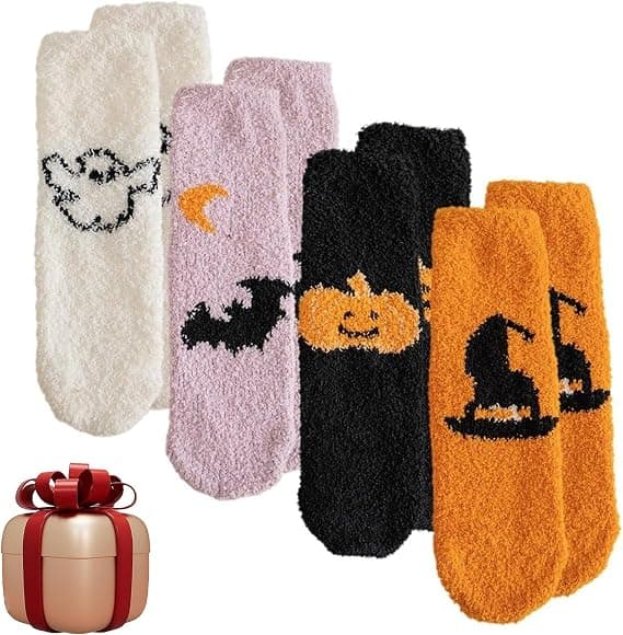 4 par Halloween fluffy sokker - græskar, flagermus, spøgelse tegneseriesokker til vinterfest