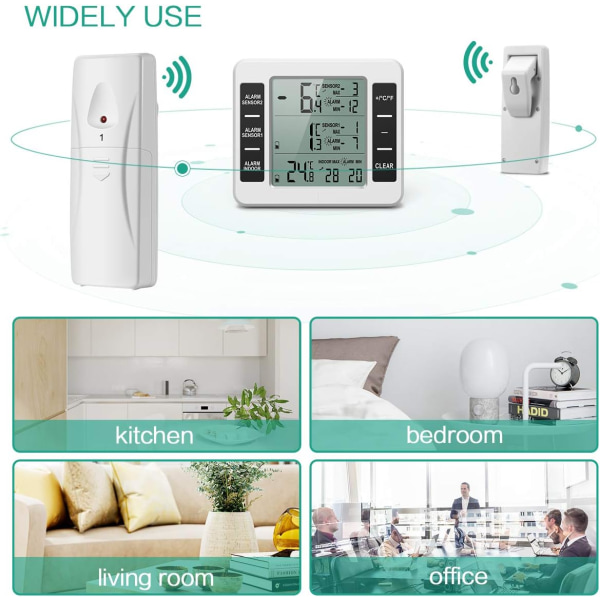Kyltermometer, digital frystermometer med inomhustemperaturövervakning och 2 trådlösa sensorer