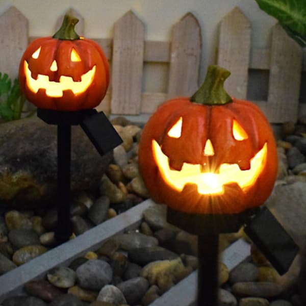 Halloween lysende gresskar hageplugger, hageskilt med batteridrevne og timer gresskarfigurer
