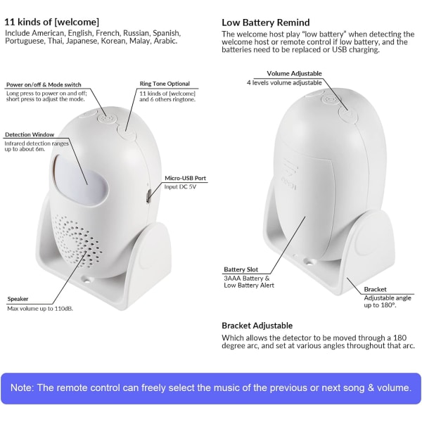 Bevegelsessensoralarm innendørs bevegelsessensoralarm med fjernkontroll 110dB 4 volumnivåer bevegelsessensoralarm (1 bevegelsessensor, 1 fjernkontroll)