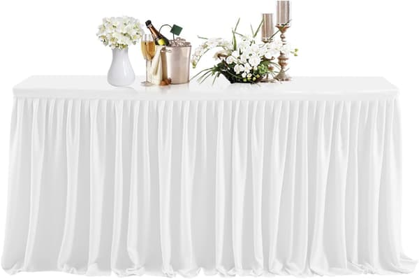 1×Bordskjol, 4,2 meter veckad rektangulär polyester vit bordsdekoration, porslin, fest, bröllop, födelsedag, babyshower, evenemang