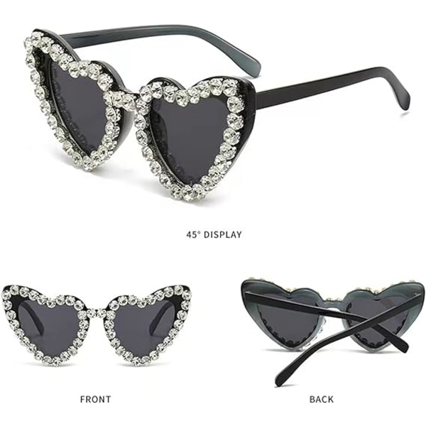 Ett par hjärtformade damsolglasögon trendiga söta glänsande diamant strass polariserade solglasögon (svart båge)