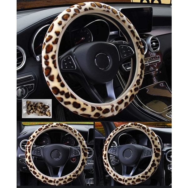 Chic Leopard Print Fluffy Plush Rattmuff för Bilstryning Mjuk Vinter Varm Bil Rattmuff Skydd Stretch På Universal Passform 37-39cm