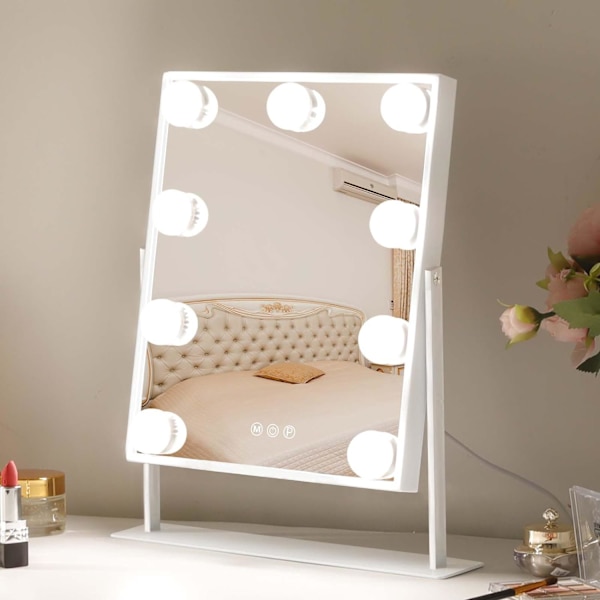 Hollywood Lighted Makeup Mirror med 3 farvebelysningstilstande og 9 dæmpbare pærer, Smart Touch Control, 360° rotation, hvid
