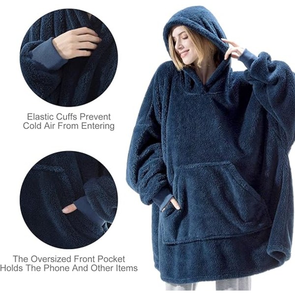 Hoodiefilt, Oversized Sherpa Hoodie, Bärbar Hoodie Sweatshirt Filt, Super Soft Warm Bekväm filt Hoodie, One Size Passar Alla Vuxna Dark Blue