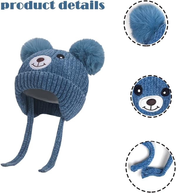 Sød bjørne-vinterhue til børn med øreklapper og strop, 1-5 år, dobbelt pompon, chenille strikket varm hue til baby (blå)
